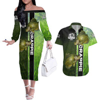 Crappie Fish Green Underwater Graphic Couples Matching Off The Shoulder Long Sleeve Dress and Hawaiian Shirt with Custom Name and Fishing Logo Design - Wonder Print Shop
