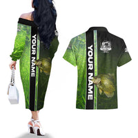 Crappie Fish Green Underwater Graphic Couples Matching Off The Shoulder Long Sleeve Dress and Hawaiian Shirt with Custom Name and Fishing Logo Design - Wonder Print Shop