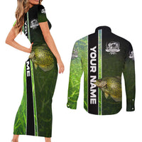 Crappie Fish Green Underwater Graphic Couples Matching Short Sleeve Bodycon Dress and Long Sleeve Button Shirt with Custom Name and Fishing Logo Design - Wonder Print Shop