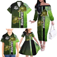 Crappie Fish Green Underwater Graphic Family Matching Off The Shoulder Long Sleeve Dress and Hawaiian Shirt with Custom Name and Fishing Logo Design - Wonder Print Shop