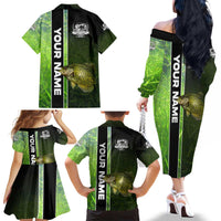 Crappie Fish Green Underwater Graphic Family Matching Off The Shoulder Long Sleeve Dress and Hawaiian Shirt with Custom Name and Fishing Logo Design - Wonder Print Shop