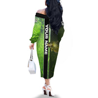 Crappie Fish Green Underwater Graphic Family Matching Off The Shoulder Long Sleeve Dress and Hawaiian Shirt with Custom Name and Fishing Logo Design - Wonder Print Shop