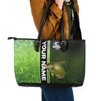 Crappie Fish Green Underwater Graphic Leather Tote Bag with Custom Name and Fishing Logo Design - Wonder Print Shop