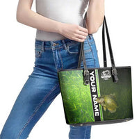 Crappie Fish Green Underwater Graphic Leather Tote Bag with Custom Name and Fishing Logo Design - Wonder Print Shop