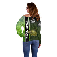 Crappie Fish Green Underwater Graphic Off Shoulder Sweater with Custom Name and Fishing Logo Design - Wonder Print Shop