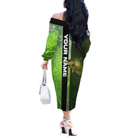 Crappie Fish Green Underwater Graphic Off The Shoulder Long Sleeve Dress with Custom Name and Fishing Logo Design - Wonder Print Shop