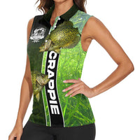 Crappie Fish Green Underwater Graphic Women Sleeveless Polo Shirt with Custom Name and Fishing Logo Design - Wonder Print Shop