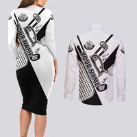 Golf Club Monochrome Design Couples Matching Long Sleeve Bodycon Dress and Long Sleeve Button Shirt with Golf Ball and Club Graphic and Custom Name Print - Wonder Print Shop