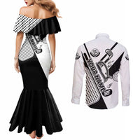 Golf Club Monochrome Design Couples Matching Mermaid Dress and Long Sleeve Button Shirt with Golf Ball and Club Graphic and Custom Name Print - Wonder Print Shop