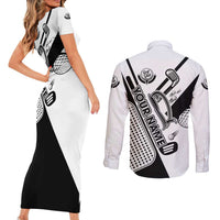 Golf Club Monochrome Design Couples Matching Short Sleeve Bodycon Dress and Long Sleeve Button Shirt with Golf Ball and Club Graphic and Custom Name Print - Wonder Print Shop