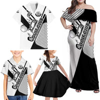 Golf Club Monochrome Design Family Matching Off Shoulder Maxi Dress and Hawaiian Shirt with Golf Ball and Club Graphic and Custom Name Print - Wonder Print Shop