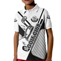 Golf Club Monochrome Design Kid Polo Shirt with Golf Ball and Club Graphic and Custom Name Print - Wonder Print Shop