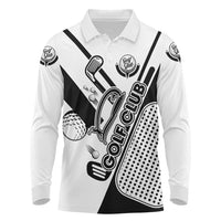 Golf Club Monochrome Design Long Sleeve Polo Shirt with Golf Ball and Club Graphic and Custom Name Print - Wonder Print Shop