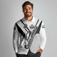 Golf Club Monochrome Design Long Sleeve Polo Shirt with Golf Ball and Club Graphic and Custom Name Print - Wonder Print Shop