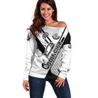 Golf Club Monochrome Design Off Shoulder Sweater with Golf Ball and Club Graphic and Custom Name Print - Wonder Print Shop