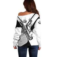 Golf Club Monochrome Design Off Shoulder Sweater with Golf Ball and Club Graphic and Custom Name Print - Wonder Print Shop