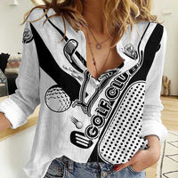 Golf Club Monochrome Design Women Casual Shirt with Golf Ball and Club Graphic and Custom Name Print - Wonder Print Shop
