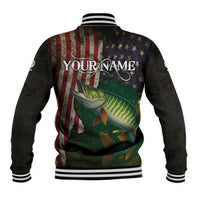 Musky Fishing Design Baseball Jacket with American Flag Background and Custom Name Print - Wonder Print Shop