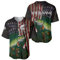 Musky Fishing Design Baseball Jersey with American Flag Background and Custom Name Print - Wonder Print Shop