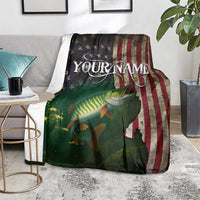 Musky Fishing Design Blanket with American Flag Background and Custom Name Print - Wonder Print Shop