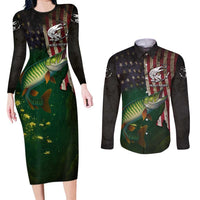 Musky Fishing Design Couples Matching Long Sleeve Bodycon Dress and Long Sleeve Button Shirt with American Flag Background and Custom Name Print - Wonder Print Shop