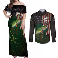 Musky Fishing Design Couples Matching Off Shoulder Maxi Dress and Long Sleeve Button Shirt with American Flag Background and Custom Name Print - Wonder Print Shop