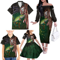 Musky Fishing Design Family Matching Off The Shoulder Long Sleeve Dress and Hawaiian Shirt with American Flag Background and Custom Name Print - Wonder Print Shop