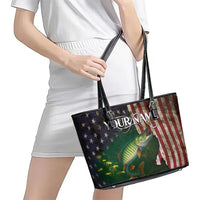 Musky Fishing Design Leather Tote Bag with American Flag Background and Custom Name Print - Wonder Print Shop