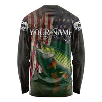 Musky Fishing Design Long Sleeve Shirt with American Flag Background and Custom Name Print - Wonder Print Shop