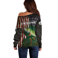 Musky Fishing Design Off Shoulder Sweater with American Flag Background and Custom Name Print - Wonder Print Shop