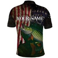 Musky Fishing Design Polo Shirt with American Flag Background and Custom Name Print - Wonder Print Shop
