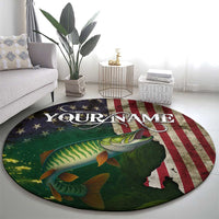 Musky Fishing Design Round Carpet with American Flag Background and Custom Name Print - Wonder Print Shop