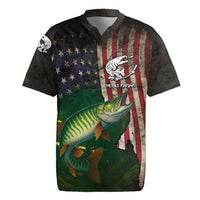 Musky Fishing Design Rugby Jersey with American Flag Background and Custom Name Print - Wonder Print Shop
