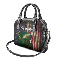 Musky Fishing Design Shoulder Handbag with American Flag Background and Custom Name Print - Wonder Print Shop