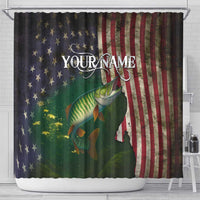 Musky Fishing Design Shower Curtain with American Flag Background and Custom Name Print - Wonder Print Shop