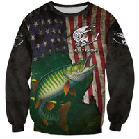 Musky Fishing Design Sweatshirt with American Flag Background and Custom Name Print - Wonder Print Shop