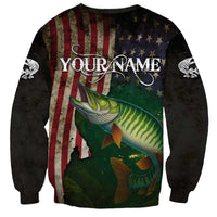 Musky Fishing Design Sweatshirt with American Flag Background and Custom Name Print - Wonder Print Shop