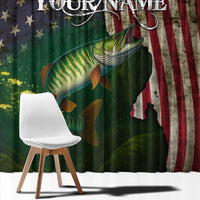 Musky Fishing Design Window Curtain with American Flag Background and Custom Name Print - Wonder Print Shop