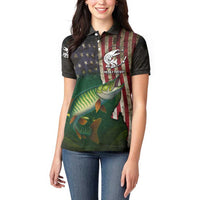 Musky Fishing Design Women Polo Shirt with American Flag Background and Custom Name Print - Wonder Print Shop