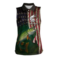 Musky Fishing Design Women Sleeveless Polo Shirt with American Flag Background and Custom Name Print - Wonder Print Shop