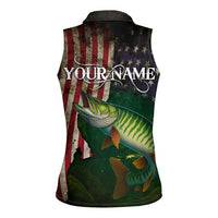 Musky Fishing Design Women Sleeveless Polo Shirt with American Flag Background and Custom Name Print - Wonder Print Shop
