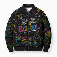 Back To School New Year New Chapter Bomber Puffer Jacket Colorful Neon Chalkboard Doodle School Supplies