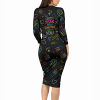 Back To School New Year New Chapter Long Sleeve Bodycon Dress Colorful Neon Chalkboard Doodle School Supplies