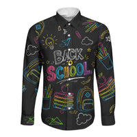 Back To School New Year New Chapter Long Sleeve Button Shirt Colorful Neon Chalkboard Doodle School Supplies