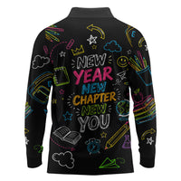 Back To School New Year New Chapter Long Sleeve Polo Shirt Colorful Neon Chalkboard Doodle School Supplies