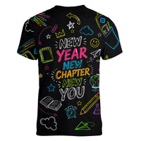 Back To School New Year New Chapter Women V-Neck T-Shirt Colorful Neon Chalkboard Doodle School Supplies