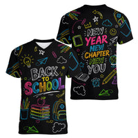 Back To School New Year New Chapter Women V-Neck T-Shirt Colorful Neon Chalkboard Doodle School Supplies