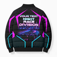 Personalized Night Race Division Bomber Puffer Jacket Cyberpunk Racing Synthwave Motorsport Neon Graphic