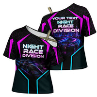 Personalized Night Race Division Cross Shoulder Shirt Cyberpunk Racing Synthwave Motorsport Neon Graphic