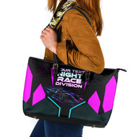 Personalized Night Race Division Leather Tote Bag Cyberpunk Racing Synthwave Motorsport Neon Graphic